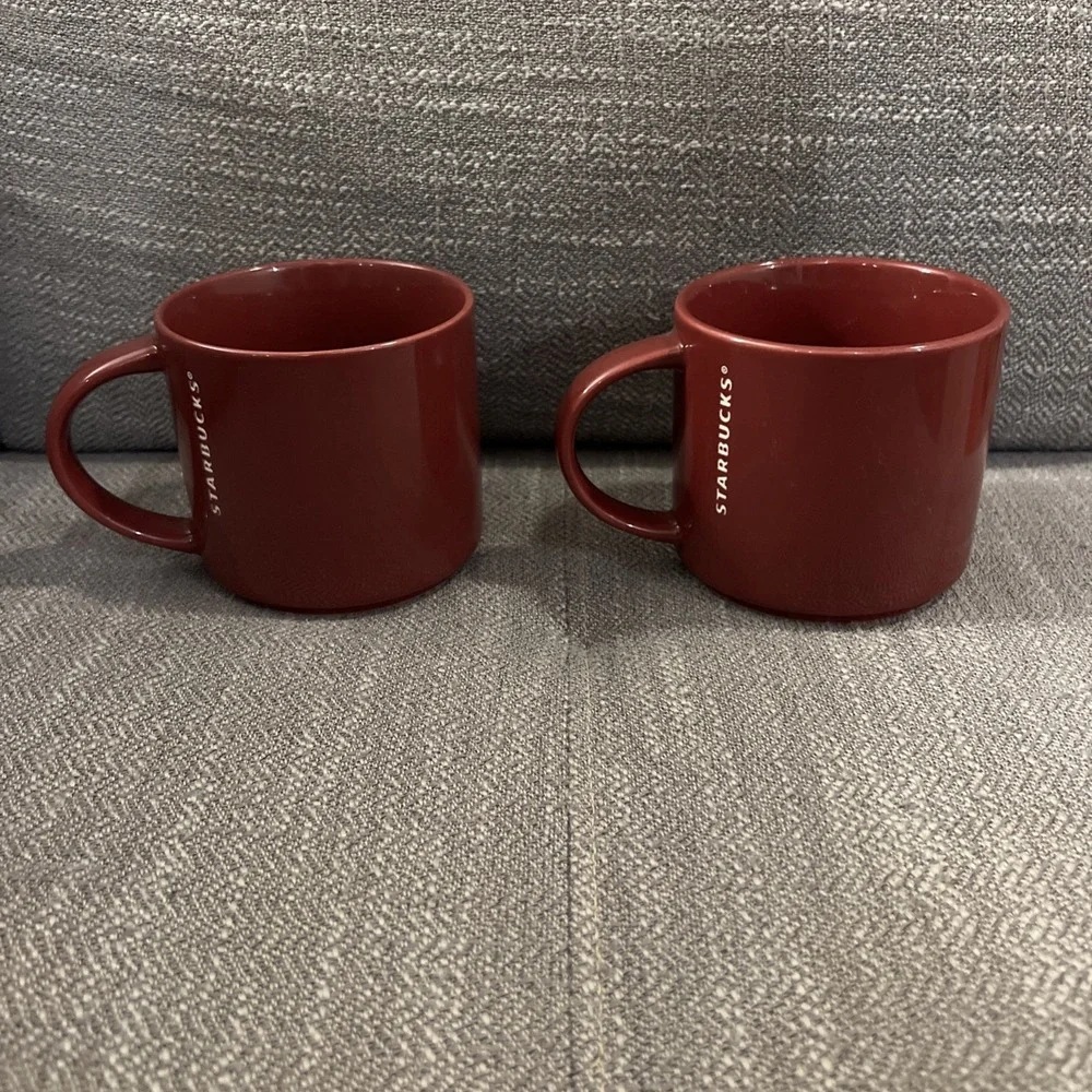 Starbucks 2013 Set Of 2 Mug Ceramic Coffee Red Burgundy White Etched 14 oz New